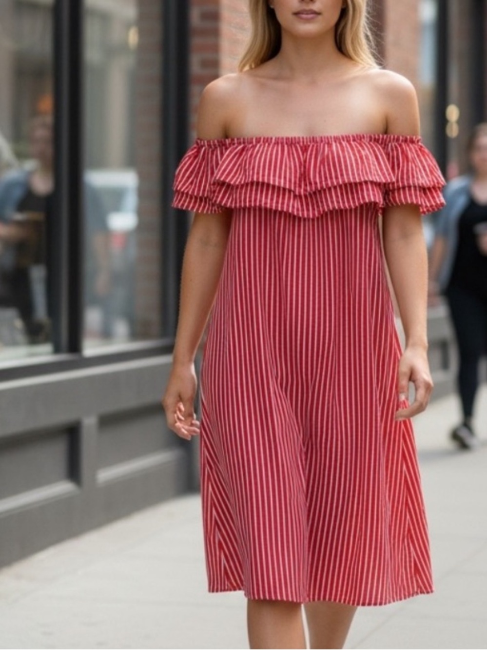 NEW• Go Coco Summer Breeze Off-Shoulder Red Striped Dress•3X